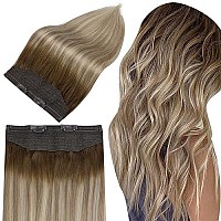 Full Shine Fish Wire Hair Extensions Real Human Hair Invisible Fish Wire Hair Extensions 3 Darker Brown Fading To 8 Light Brown And 22 Blonde 80 Grams Remy Hairpiece 12 Inch