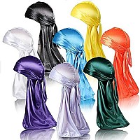 Leaduway 8Pcs Silky Durags, Silk Durag For Men Women, Satin Doo Rag For 360 Waves, Durags Pack With Extra Long Tail And Wide Straps