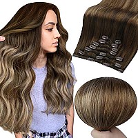 Full Shine 14 Inch Brown Human Hair Clip In Extensions Dark Brown To Dark Blonde Highlight Chestnut Brown Human Hair Extension Clip Ins Invisble Clip In Hair Extension Soft Straight Hair 120G 7 Pcs