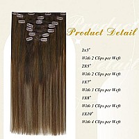 Full Shine 14 Inch Brown Human Hair Clip In Extensions Dark Brown To Dark Blonde Highlight Chestnut Brown Human Hair Extension Clip Ins Invisble Clip In Hair Extension Soft Straight Hair 120G 7 Pcs