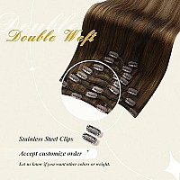 Full Shine 14 Inch Brown Human Hair Clip In Extensions Dark Brown To Dark Blonde Highlight Chestnut Brown Human Hair Extension Clip Ins Invisble Clip In Hair Extension Soft Straight Hair 120G 7 Pcs