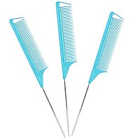 Rat Tail Combs Parting Comb: 3Pcs Rat Tail Comb Set, Long Steel Pin Rat Tail Teasing Comb, Hair Combs For Salon Hair Stylist, Tail Combs Metal ,Parting Combs For Women(Blue)