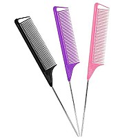 Rat Tail Combs Parting Comb: 3Pcs Rat Tail Comb Set, Long Steel Pin Rat Tail Teasing Comb, Hair Combs For Salon Hair Stylist, Tail Combs Metal,Parting Combs For Women(Purpleblackpink)