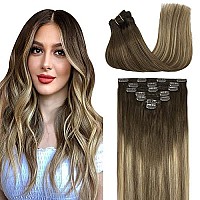 Goo Goo 120G Hair Extensions Human Hair, Walnut Brown To Ash Brown And Bleach Blonde Remy Clip In Human Hair Extensions Natural Hair Straight 7Pcs 22 Inch