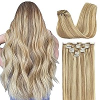 Goo Goo Clip In Hair Extensions, Dark Blonde Highlighted Bleach Blonde Human Hair Extensions 120G 7Pcs 16 Inch Straight Real Natural Hair Extensions For Women