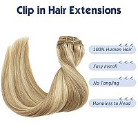 Goo Goo Clip In Hair Extensions, Dark Blonde Highlighted Bleach Blonde Human Hair Extensions 120G 7Pcs 16 Inch Straight Real Natural Hair Extensions For Women