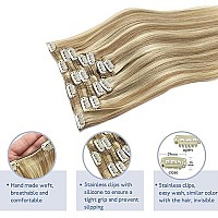 Goo Goo Clip In Hair Extensions, Dark Blonde Highlighted Bleach Blonde Human Hair Extensions 120G 7Pcs 16 Inch Straight Real Natural Hair Extensions For Women