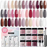 Azurebeauty 29 Pcs Dip Powder Nail Kit Starter, 20 Colors Clear Nude Pink Brown Glitter All Season Acrylic Dipping Powder System Essential Liquid Set With Topbase Coat Activator For French Nail Manicure Diy Salon Women Gift