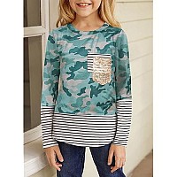 Dokotoo Girls Long Sleeve Sweatshirts Striped Leopard Camouflage Sweatshirt Sequin Pocket Pullover Shirts Tops For Teen Girls Green Size 12-13