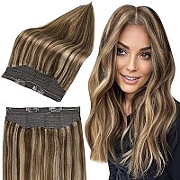 Full Shine Fish Wire Hair Extensions Real Human Hair One Piece Highlight Brown Hair Extensions 20 Inch 90G Brown Mix Blonde Human Hair Clip In Extensions With Transparent Fish Line Wire Headband