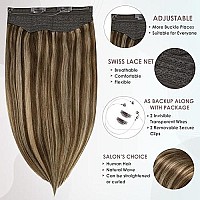 Full Shine Fish Wire Hair Extensions Real Human Hair One Piece Highlight Brown Hair Extensions 20 Inch 90G Brown Mix Blonde Human Hair Clip In Extensions With Transparent Fish Line Wire Headband