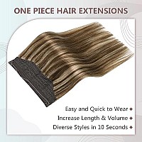 Full Shine Fish Wire Hair Extensions Real Human Hair One Piece Highlight Brown Hair Extensions 20 Inch 90G Brown Mix Blonde Human Hair Clip In Extensions With Transparent Fish Line Wire Headband