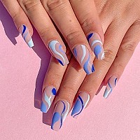 Babalal Blue Swirls Press On Nails Glossy Fake Nails Square Acrylic Nail Tips Medium Artificial Nails For Women And Girls