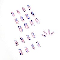 Babalal Blue Swirls Press On Nails Glossy Fake Nails Square Acrylic Nail Tips Medium Artificial Nails For Women And Girls