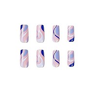 Babalal Blue Swirls Press On Nails Glossy Fake Nails Square Acrylic Nail Tips Medium Artificial Nails For Women And Girls