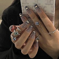 Babalal Rhinestone Fake Nails Glossy Press On False Nails Shiny Glitter French Nails Cool Glue On Nails For Women And Girls