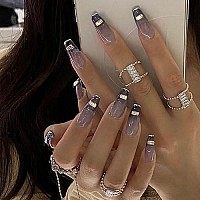 Babalal Rhinestone Fake Nails Glossy Press On False Nails Shiny Glitter French Nails Cool Glue On Nails For Women And Girls