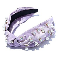 Beaded Knotted Women Headband Luxury Checkered Plaid Purple Jeweled Embellished Top Hairband Fashion Elegant Ladies Hair Band