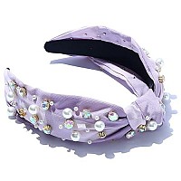 Beaded Knotted Women Headband Luxury Checkered Plaid Purple Jeweled Embellished Top Hairband Fashion Elegant Ladies Hair Band