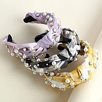 Beaded Knotted Women Headband Luxury Checkered Plaid Purple Jeweled Embellished Top Hairband Fashion Elegant Ladies Hair Band