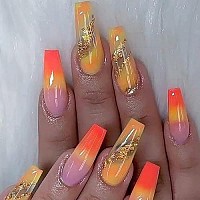 Imsohot 24Pcs Coffin Press On Nails Long Gradient Yellow Fake Nails Ballerina Glossy Glitter False Nails Full Cover Stick On Nails Acrylic Nails For Women