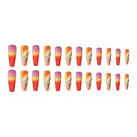 Imsohot 24Pcs Coffin Press On Nails Long Gradient Yellow Fake Nails Ballerina Glossy Glitter False Nails Full Cover Stick On Nails Acrylic Nails For Women