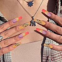 Imsohot 24Pcs Coffin Press On Nails Long Gradient Yellow Fake Nails Ballerina Glossy Glitter False Nails Full Cover Stick On Nails Acrylic Nails For Women