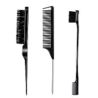 3 Pieces Hair Styling comb Set Teasing Hair Brush Rat Tail comb Edge Brush for Edge&Back Brushing, combing, Slicking Hair for Women (Black)