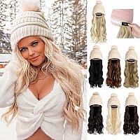 Qlenkay Knit Beanie Cap With 20 Hair Extensions Detachable Pom Warm Thick Lined Hat Attached Synthetic Wavy Curly Hairpiece For Women Natural Black