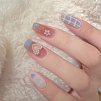 Babalal Coffin Press On Nails Cute Acrylic Nails Long Ballerina Fake Nails Glossy Blue Glue On Nails For Women And Girls