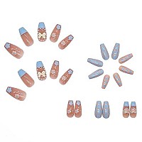 Babalal Coffin Press On Nails Cute Acrylic Nails Long Ballerina Fake Nails Glossy Blue Glue On Nails For Women And Girls