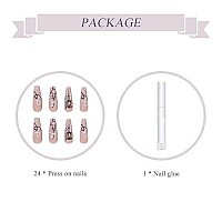 Babalal Long Press On Nails Matte Nude Glue On Nails Abstract Fake Nails Coffin Nail Art Tips For Women And Girls