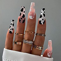 Babalal Long Press On Nails Cow Print Design Nails Ballerina Full Cover Artificial Nails Glossy Fake Nails For Women And Girls