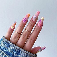 Babalal Matte Press On Nails Long Coffin Fake Nails Pink Glue On Nails Cute Artificial Nails With Flower Design For Women And Girls