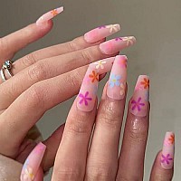 Babalal Matte Press On Nails Long Coffin Fake Nails Pink Glue On Nails Cute Artificial Nails With Flower Design For Women And Girls