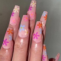 Babalal Matte Press On Nails Long Coffin Fake Nails Pink Glue On Nails Cute Artificial Nails With Flower Design For Women And Girls