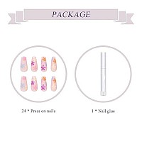 Babalal Matte Press On Nails Long Coffin Fake Nails Pink Glue On Nails Cute Artificial Nails With Flower Design For Women And Girls