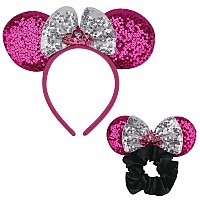 1 Pcs Shiny Mouse Ears Headband And 1 Pcs Sequin Mouse Ears Velvet Scrunchies With Bow Hairs Accessories For Girls Women Adult Kids Birthday Party (Pinkcrown)