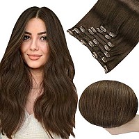 Full Shine Clip In Extensions Brown Human Light Chocolate Brown Color 4 Double Weft Clip In Human Hair Extensions Brown Straight Hair 120 Grams 7 Pcs Invisible Hair Extension Clip Ins 22 Inch