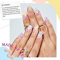 Press On Nails Medium Short Square Glamermaid, Nude Flower Fake Nails With Design Cute Acrylic False Nail Kits Stick Glue On Nails Sets For Women Reusable Full Cover Gel Nails For Girls 24Pcs