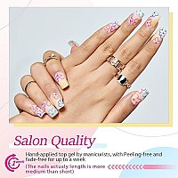 Press On Nails Medium Short Square Glamermaid, Nude Flower Fake Nails With Design Cute Acrylic False Nail Kits Stick Glue On Nails Sets For Women Reusable Full Cover Gel Nails For Girls 24Pcs