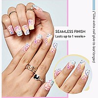 Press On Nails Medium Short Square Glamermaid, Nude Flower Fake Nails With Design Cute Acrylic False Nail Kits Stick Glue On Nails Sets For Women Reusable Full Cover Gel Nails For Girls 24Pcs