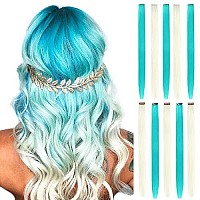 Bhf Teal Blue White Hair Extensions Clip In Halloween Hair Accessories For Kids Girls Women Bright Vibrant Neon Hair Extensions Fairy Hairpieces Long Straight Color Hair Extensions 22