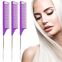 Rat Tail Combs Teasing Comb:3Pack Rat Tail Combs Set,Hair Stylists Styling Comb,Long Steel Pin Rat Tail Teasing Comb,Parting Combs For Women Great For All Hair Types(Purple)