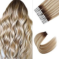 Sixstarhair Tape In Hair Extensions Rooted Brown Fading To Ash Brown Mixed With Blonde Hair Extensions Ombre Blonde Remy Human Hair Extensions 20 Pieces Color R3-8P613 22Inch]