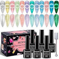 Mizhse Crystal Cat Eye Gel Polish Kits Magnetic Nail Polish 12 Pcs, Summer Green Blue Diamond Jelly Magnet Sheer Cateye Gel For Nail Art Salon Manicure Set