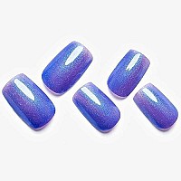 Halloween Short Press On Nails Square Shape, Blue Shimmer Gothic Fake Nails With Design Handmade Gel Medium Glue On Nails For Women Glitter Acrylic False Nail Kits Reusable Stick On Nails Full Cover Static Nails By Glamermaid, 24 Pcs