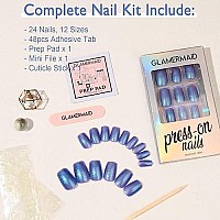 Halloween Short Press On Nails Square Shape, Blue Shimmer Gothic Fake Nails With Design Handmade Gel Medium Glue On Nails For Women Glitter Acrylic False Nail Kits Reusable Stick On Nails Full Cover Static Nails By Glamermaid, 24 Pcs