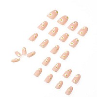 Foccna Medium Length Nude False Nails Almond Daisy Press On Nails Full Cover Fake Nails Glossy Acrylic Nails For Women And Girls -24 Pcsa (Daisy Design 2)