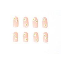 Foccna Medium Length Nude False Nails Almond Daisy Press On Nails Full Cover Fake Nails Glossy Acrylic Nails For Women And Girls -24 Pcsa (Daisy Design 2)